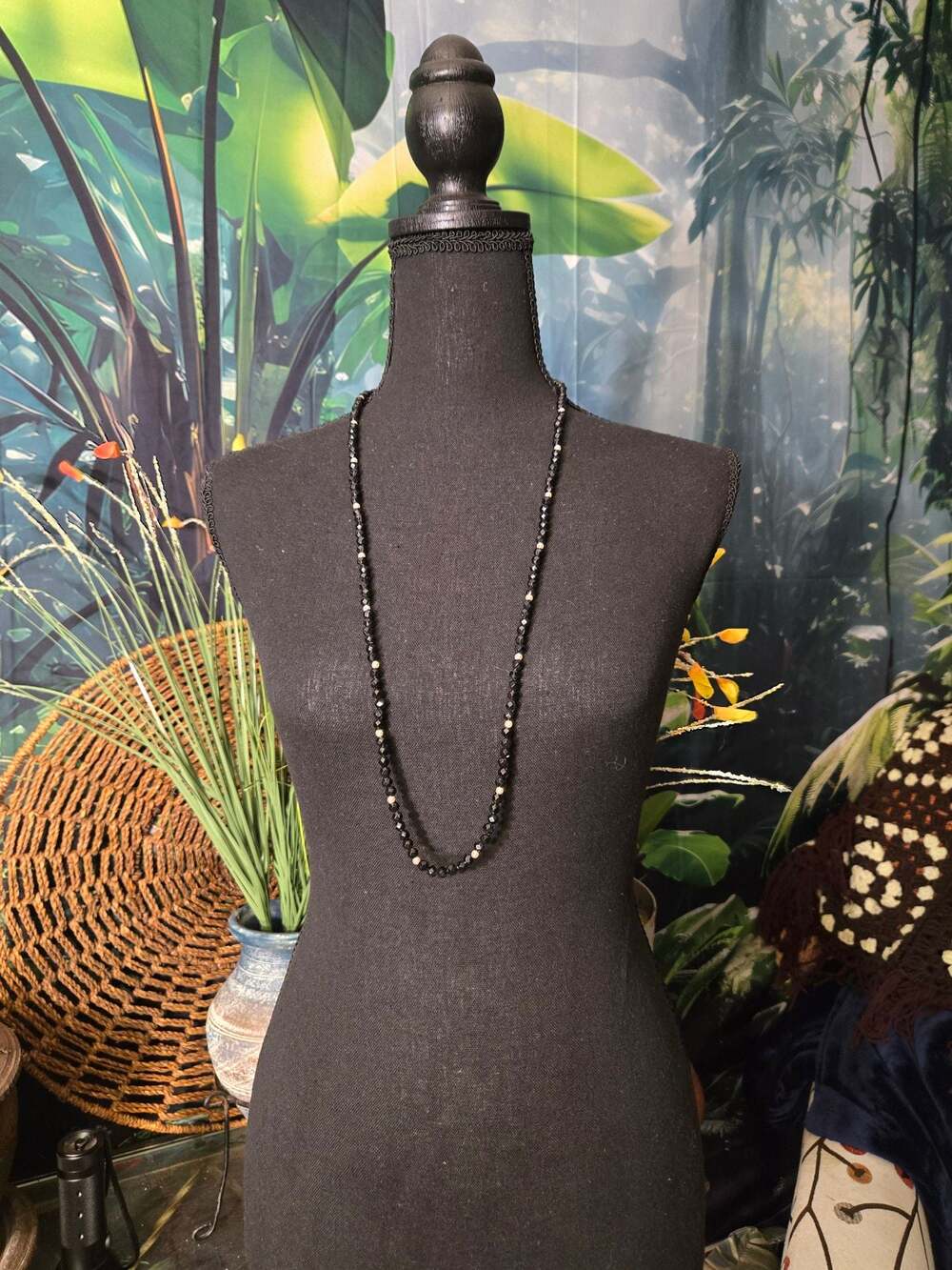Vintage Black  Bead Necklace with White Accent Beads